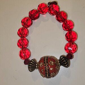 Red Glass Beaded Stretch Bracelet with Ornate Gold-Tone Accent